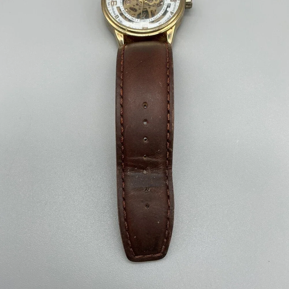 Akribos XXIV Mens Watch 41mm Skeleton Gold Tone Dial Leather Automatic Dress
